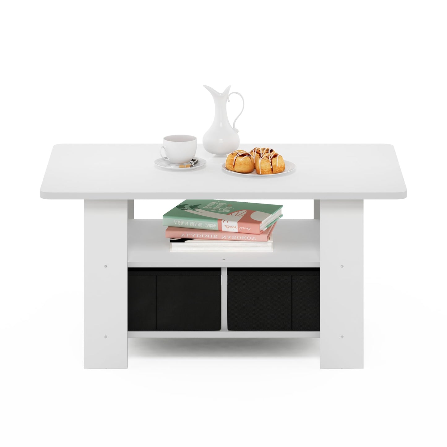 Furinno ANDREY Coffee Table, Small Modern Coffee Table with Storage and Bin Drawer, Side Table for Living Room, Bedroom, Home Office, White
