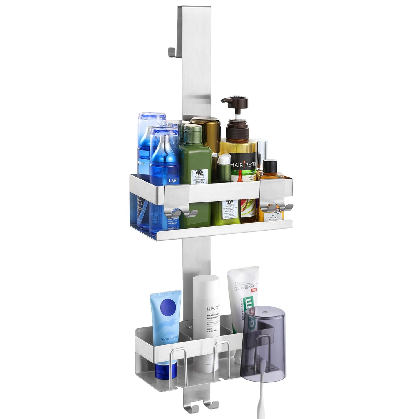 Emibele Shower Caddy Hanging 2 Tier, Stainless Steel Shower Shelf with Hooks, No Drill Shower Organiser for Bath Glass Door, Non-Rusting Bathroom