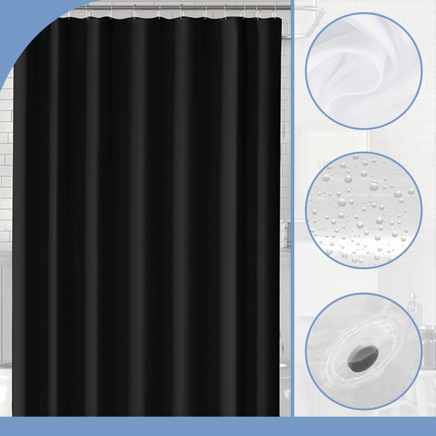 COSORO PEVA Shower Curtain 180x180cm,Heavy Duty Plastic Black Weighted Shower Curtains Mould Proof Resistant Waterproof Bath Curtains with 3 Magnet