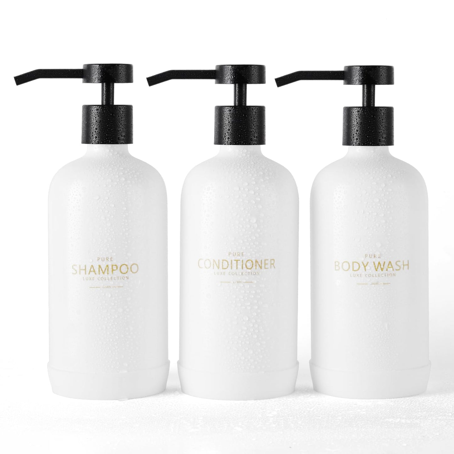 Janxin Shampoo and Conditioner Dispenser Refillable 621ML with Silicone Anti-Slip Protective Pad with Waterproof Labels for Bathroom, 3 Pack (White)