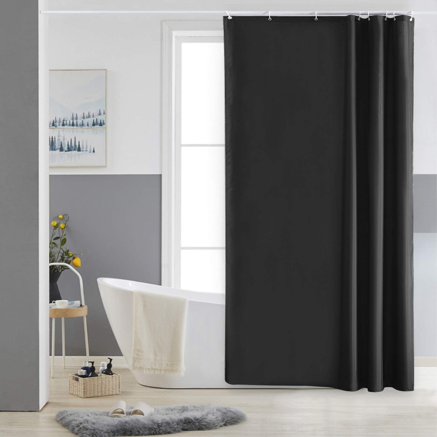 Furlinic Shower Curtain Mould Proof Resistantand Waterproof Washable Polyester Fabric Black Bath Curtains with Weight Tape 8 Hooks for Wetroom 47x72
