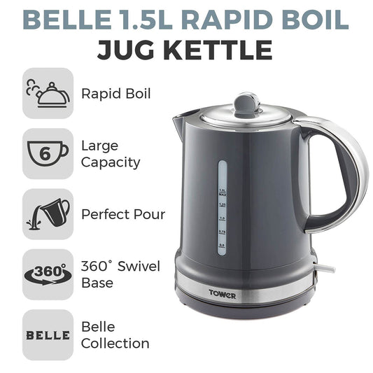 Tower T10049GRP Belle Jug Kettle with Rapid Boil, 1.5L, 3000W, Graphite