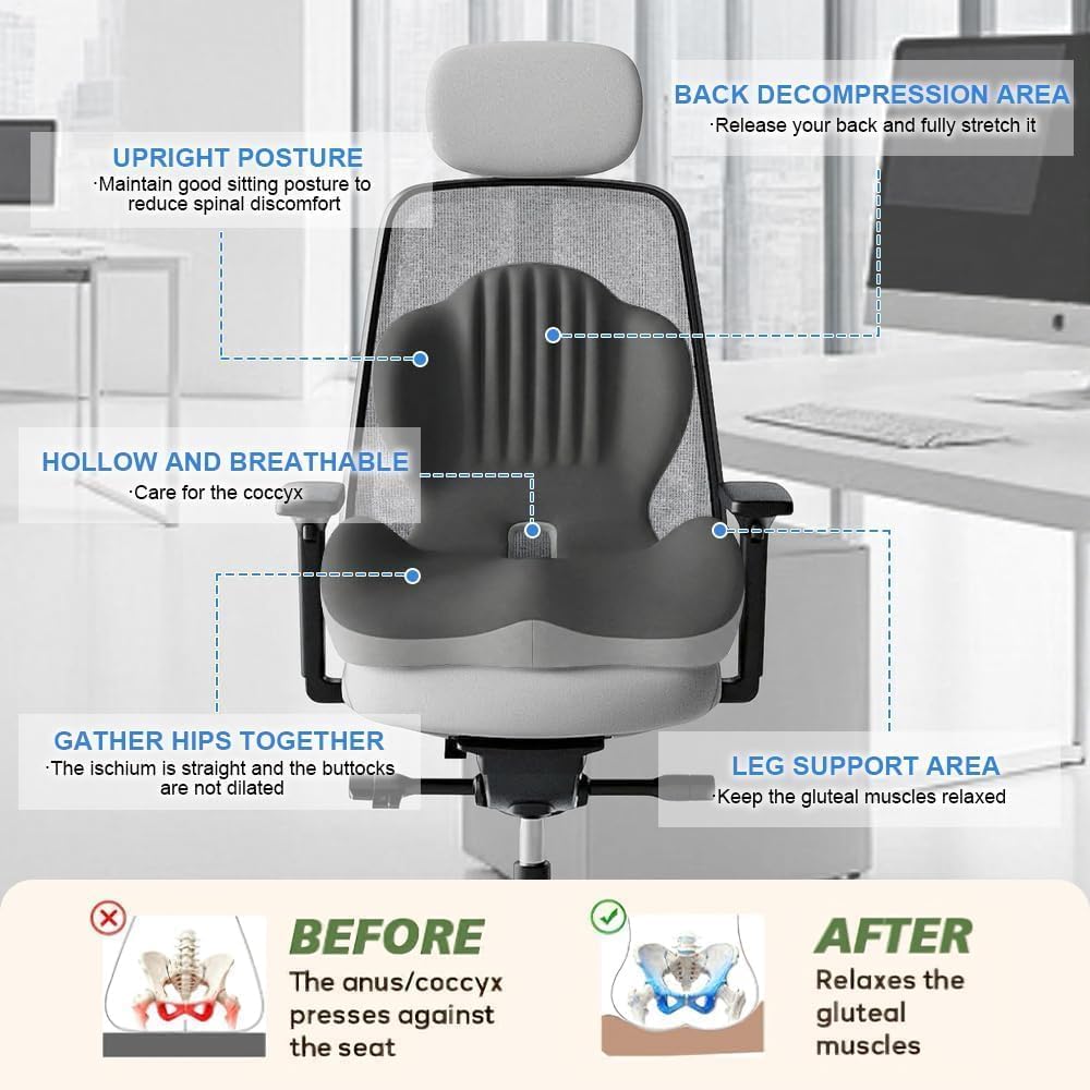 Gresonic Ergonomic Memory Foam Seat Cushion, For Office, Car, Gaming & Dining Chairs, Sciatica, Tailbone & Coccyx Pain Relief