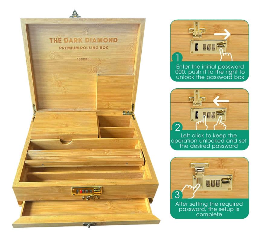 The Dark Diamond Roll Box Premium Smoking Accessories Storage Handcrafted Bamboo Wooden Stash Rolling Box Upgraded (Large - 30X25X10CM)