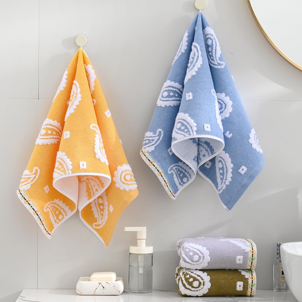 sense gnosis Brown Hand Towels Set of 2 Super Soft 100% Cotton Absorbent Paisley Pattren Jacquard White Terry Double-Sided Bath Hand Towels for