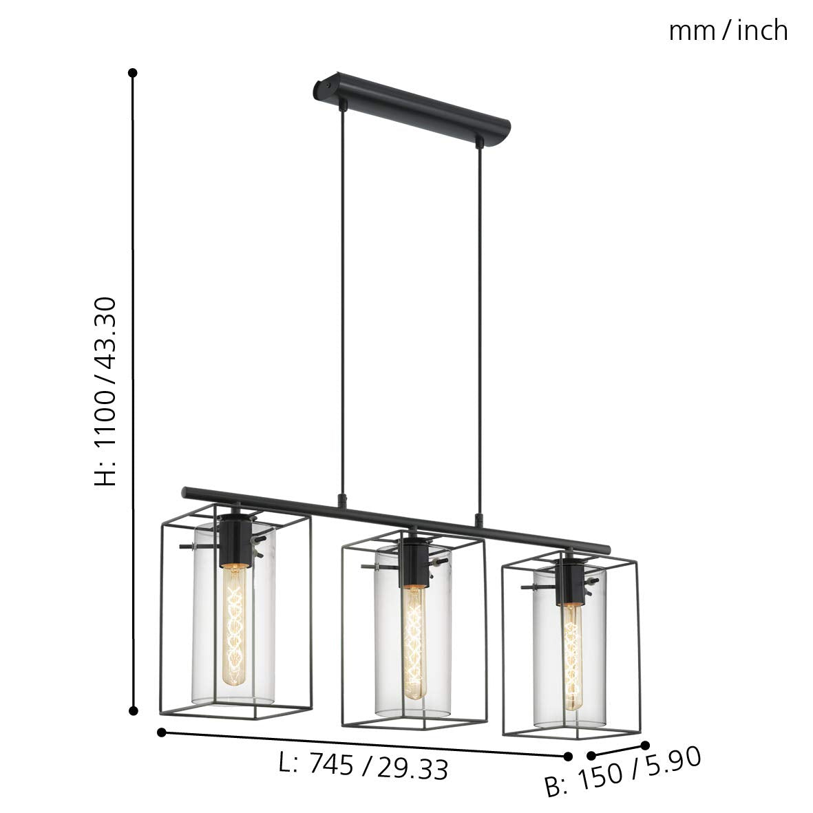 Eglo Loncino Pendant lamp, 3-Flame Vintage Pendant lamp, Hanging lamp Made of Steel, Colour: Black, Glass: Tinted Glass, Socket: E27, L: 74.5 cm/29.3