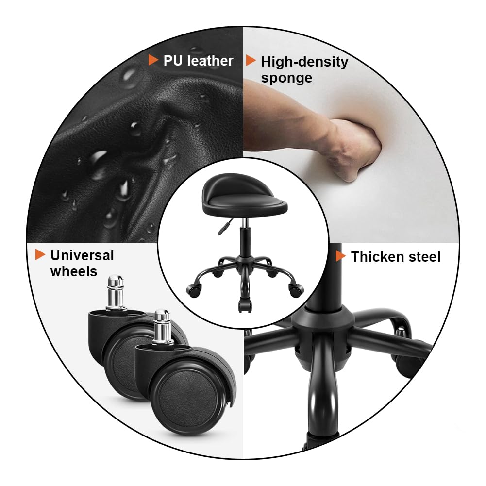 KKTONER Rolling Stool with BackRest Height Adjustable Round Chair with Wheels Swivel Drafting Work PU Leather stools Small (Black)