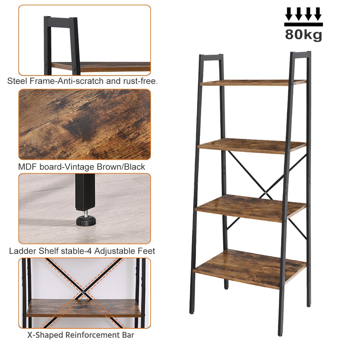 H JINHUI 4-Tier Ladder Shelf, Bookshelf, Living Room Bookcases, Plant Stand, Industrial Style Vintage Storage Shelves for Living Room, Home Office