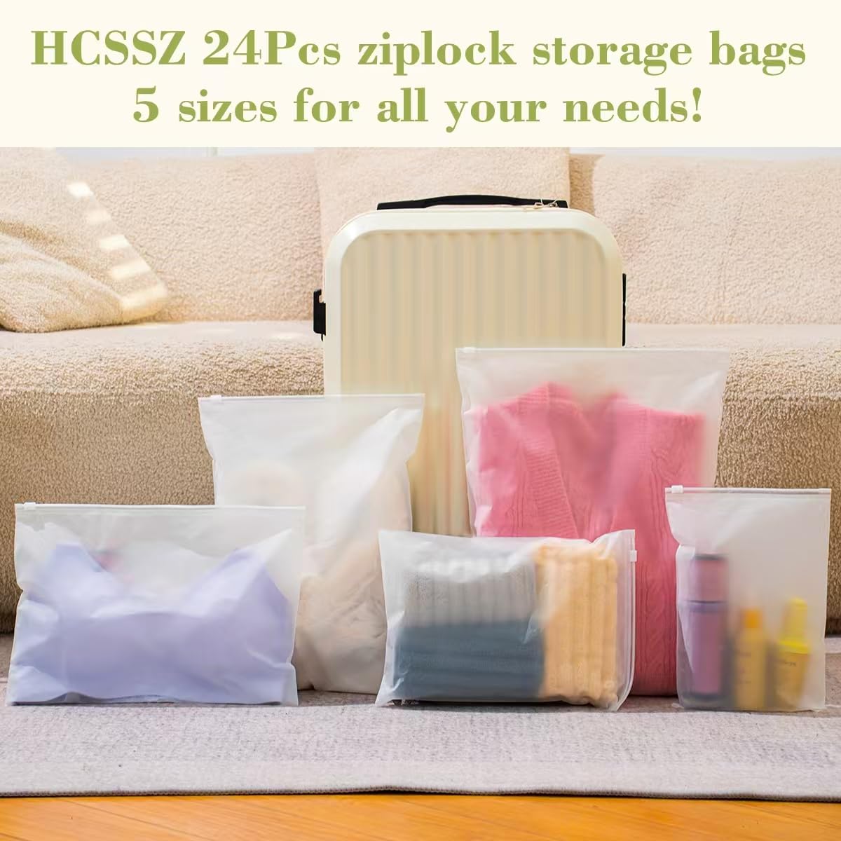 24 Pcs Reusable Ziplock Bags,Travel Clothes Storage Bags,Plastic Hospital Bag Organiser Pouches,Essentials Frosted Resealable Waterproof Luggage Bags