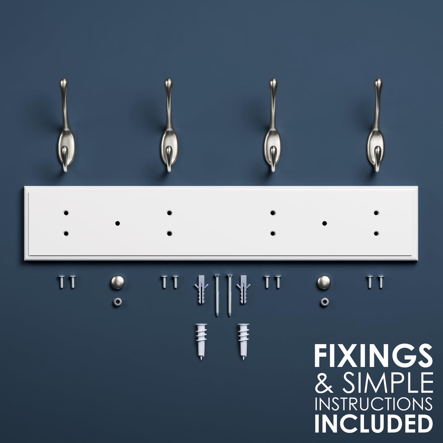 LARHN White Wall-Mounted Coat Rack, 2-Pack - 4 Matt-Nickel Coat Hooks, 42cm