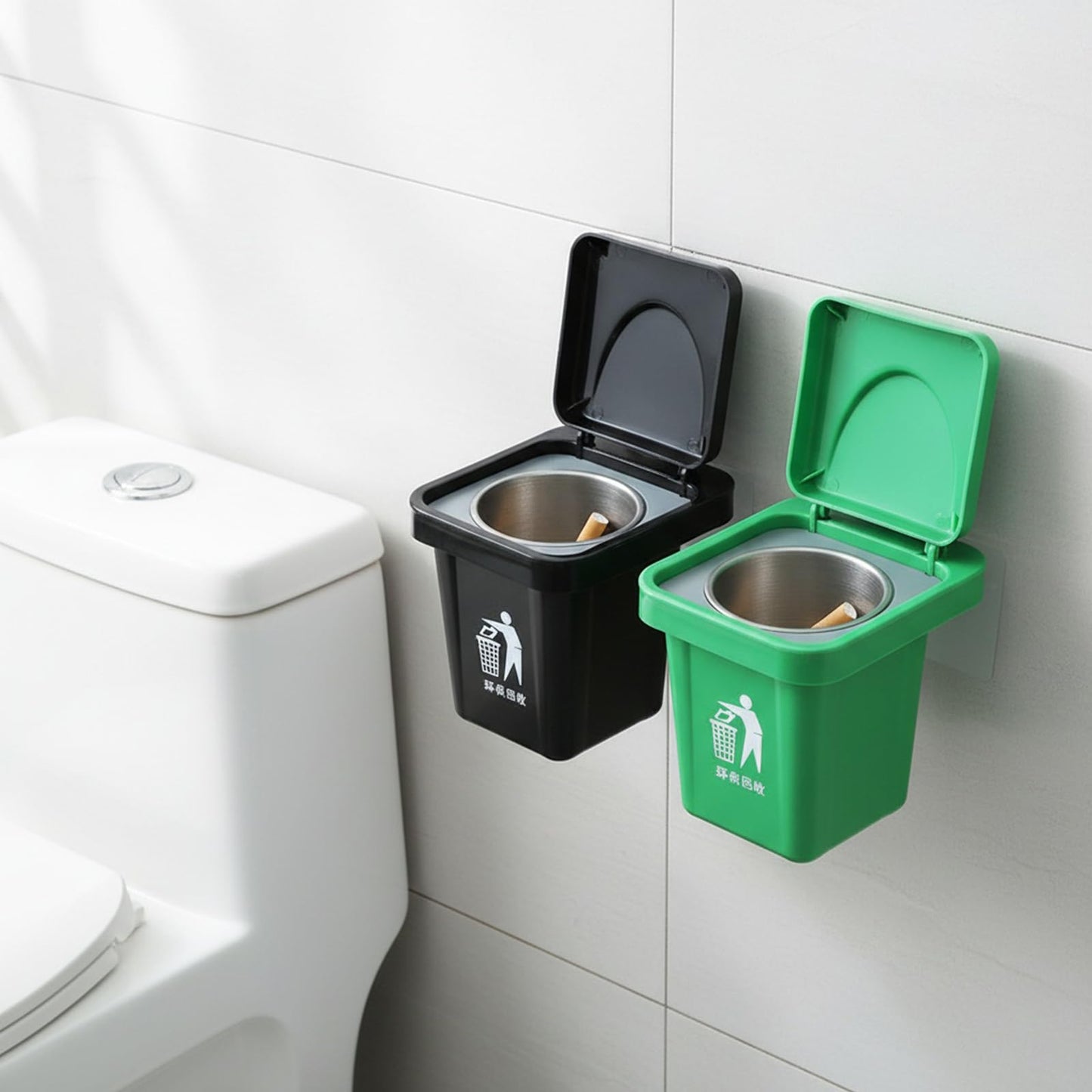 Wall-Hanging Ashtray Can with Brush, Trash Can Ashtray with Lid, Stainless Steel Creative Small Trash Cans with Removable Inner Bucket and Cover