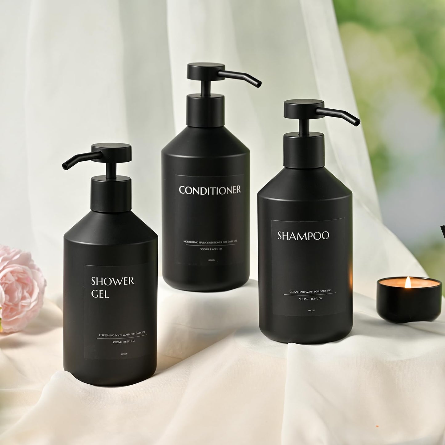 Janxin 3 500ml Black Soap Dispenser, Refillable Shampoo and Conditioner Bottles, Shampoo and Conditioner Dispenser