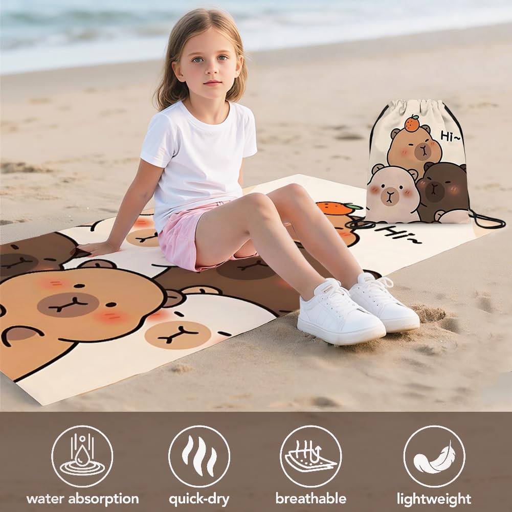 Capybara Microfiber Beach Towel Sand Free Absorbent Extra Large Travel Towels for Adults Kids Microfibre Towels for Adults with Drawstring Bag 2in1