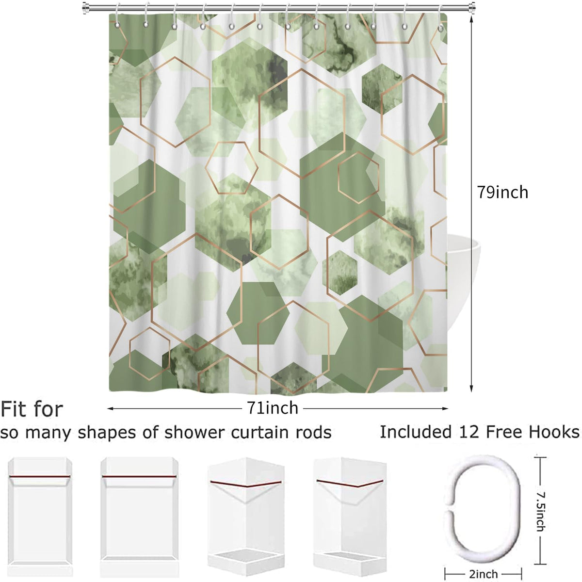Hnmdmyi Sage Green Shower Curtain 180x200, Modern Geometric Hexagon Abstract Art Bathroom Curtains Waterproof Polyester Fabric Washable Bath Curtains