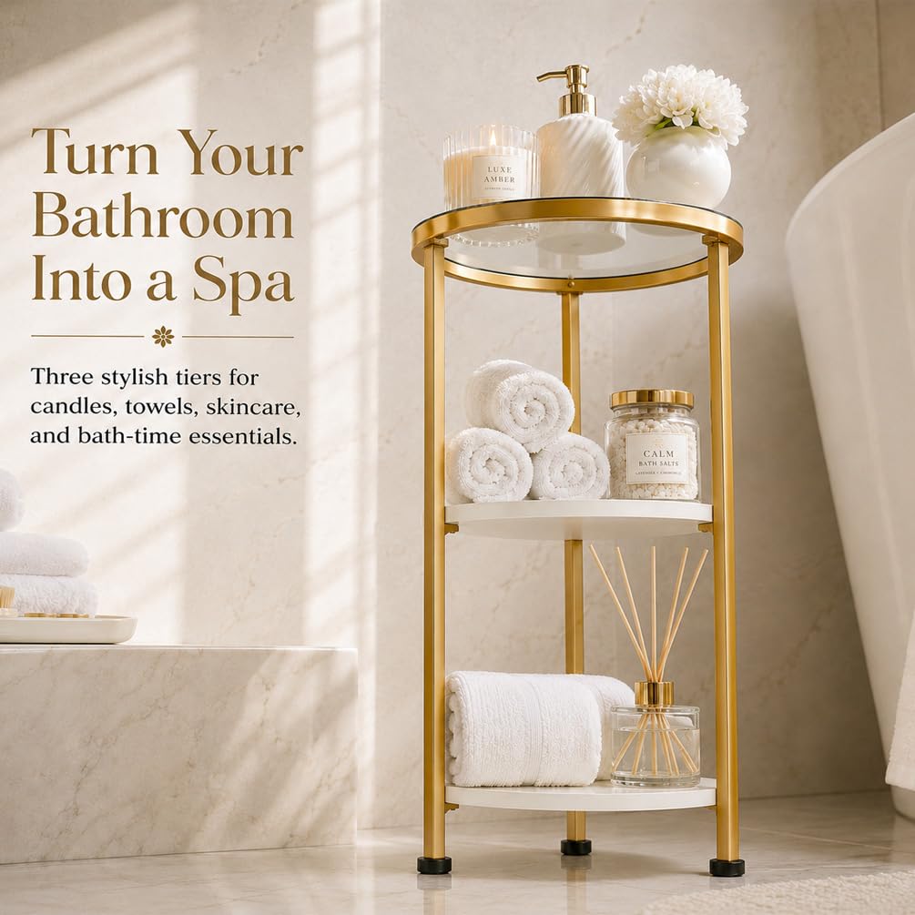 ZEXVIDA 3-Tier Tempered Glass Side Table, White & Gold