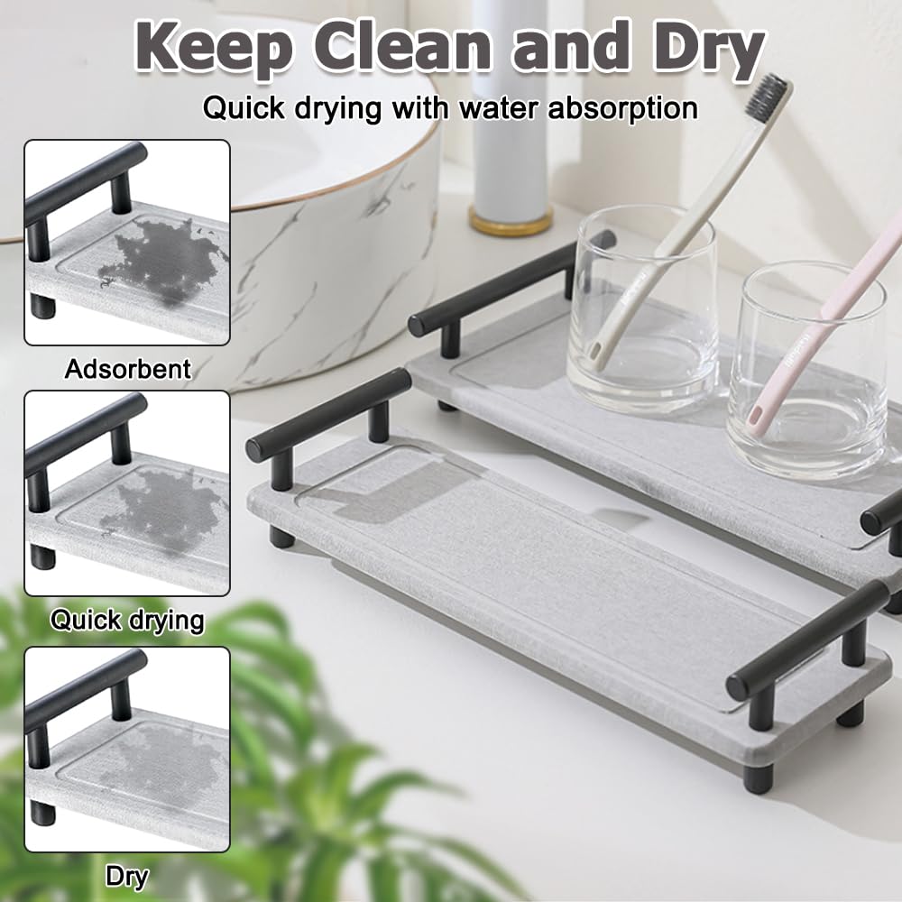 Bathroom Instant Dry Organizer, Diatomaceous Earth Guest Towel Tray with Handles, Water Absorbing Countertop Tray Organizer for Bathroom Kitchen Table