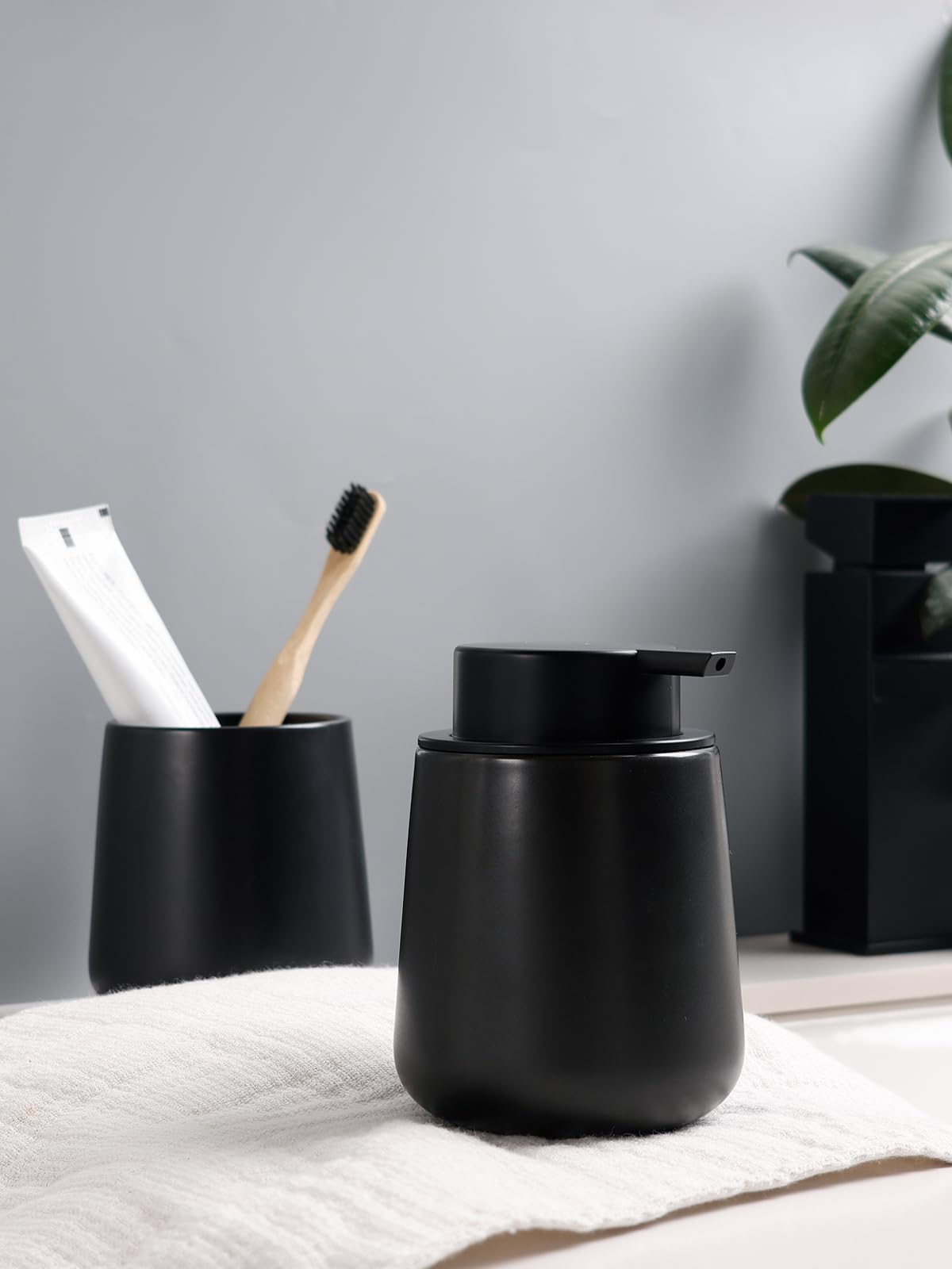 Bosilunlife Soap and Toothbrush Holder Set - Ceramic Bathroom Accessories Set Black Liquid Hand Soap Dispenser Set for Bathroom Toothbrush Holder and