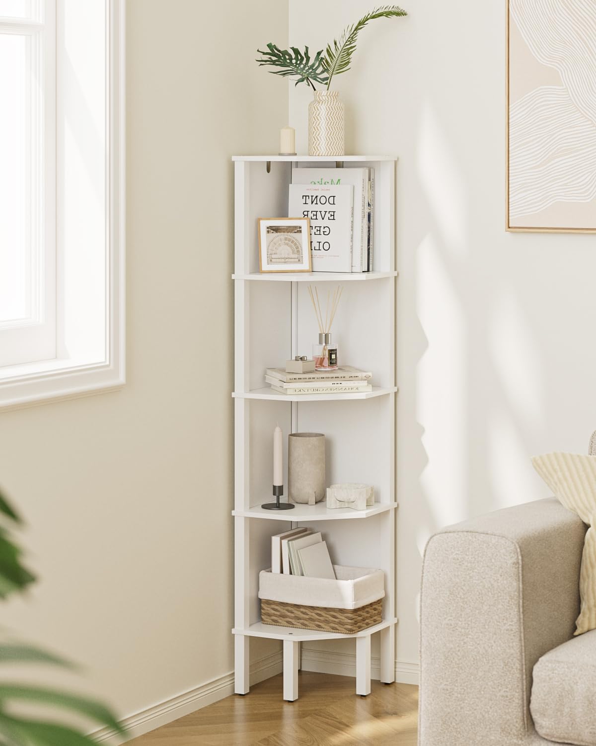 Apetaccat Corner Shelf, 4 Tier Corner Modern Corner Bookshelf, Display Corner Bookshelf,Wooden Storage Rack for Living Room,Bedroom,Office,White