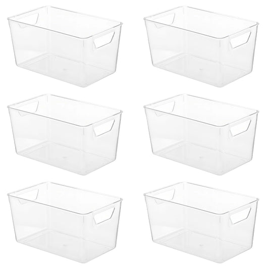 YAGOKKI 6 Pcs Clear Plastic Storage Bins with Handles - Fridge Organiser, Stackable Kitchen Cupboard Organisation for Pantry, Bathroom, Craft Room