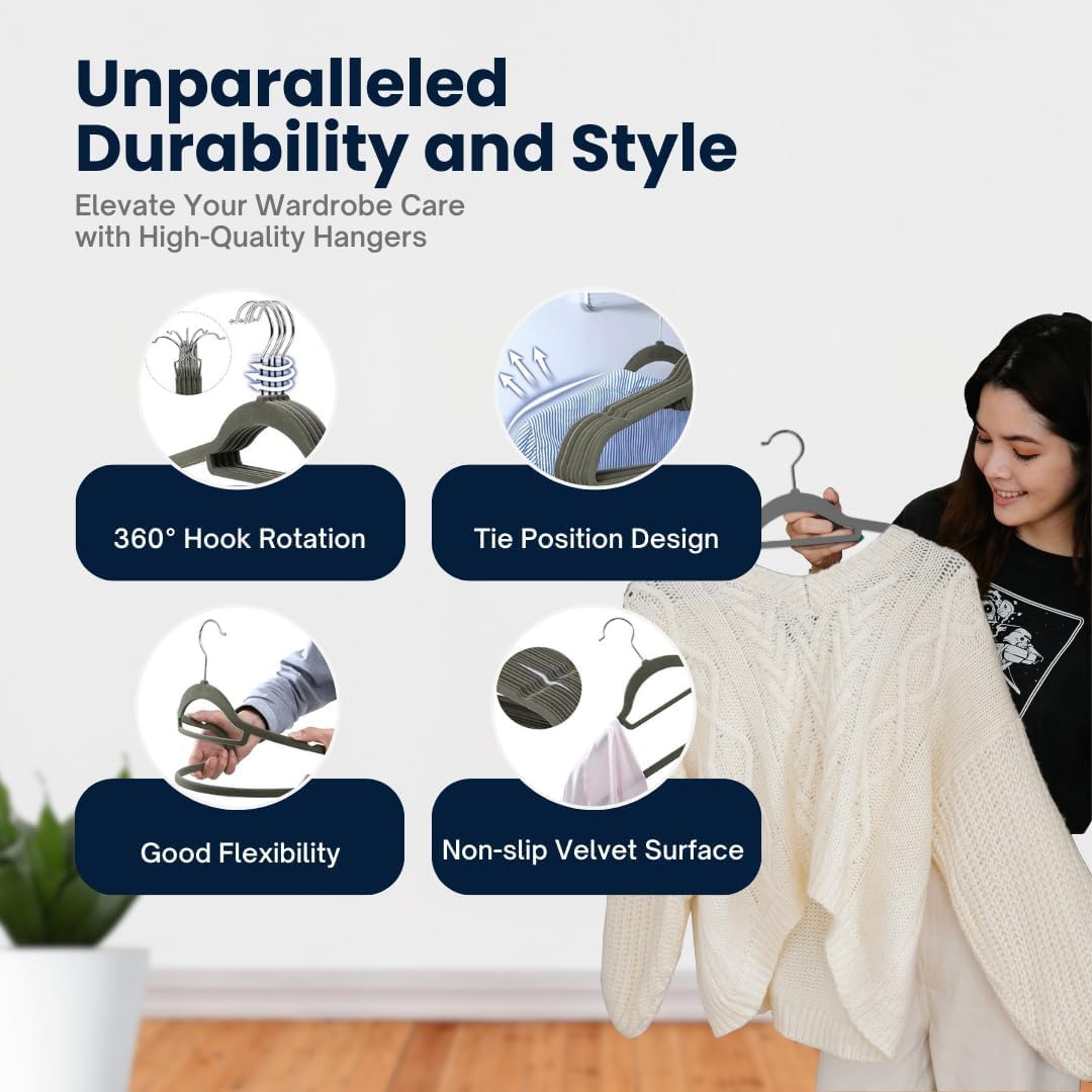 Sasha Morel 20 Pack Velvet Coat Hangers – Non Slip Velvet Hangers for Clothes, Space Saving Adult Hangers with Tie Organizer & Swivel Hooks