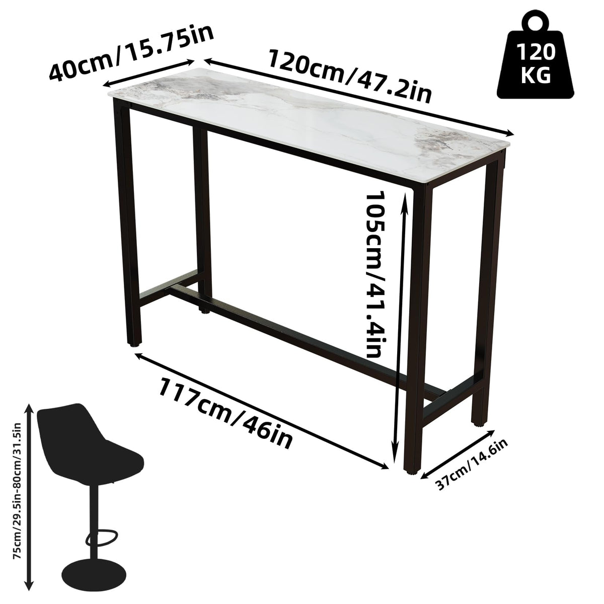 FATIVO 120cm Rectangular Bar Table Sintered Stone Marble Top, 105cm Height