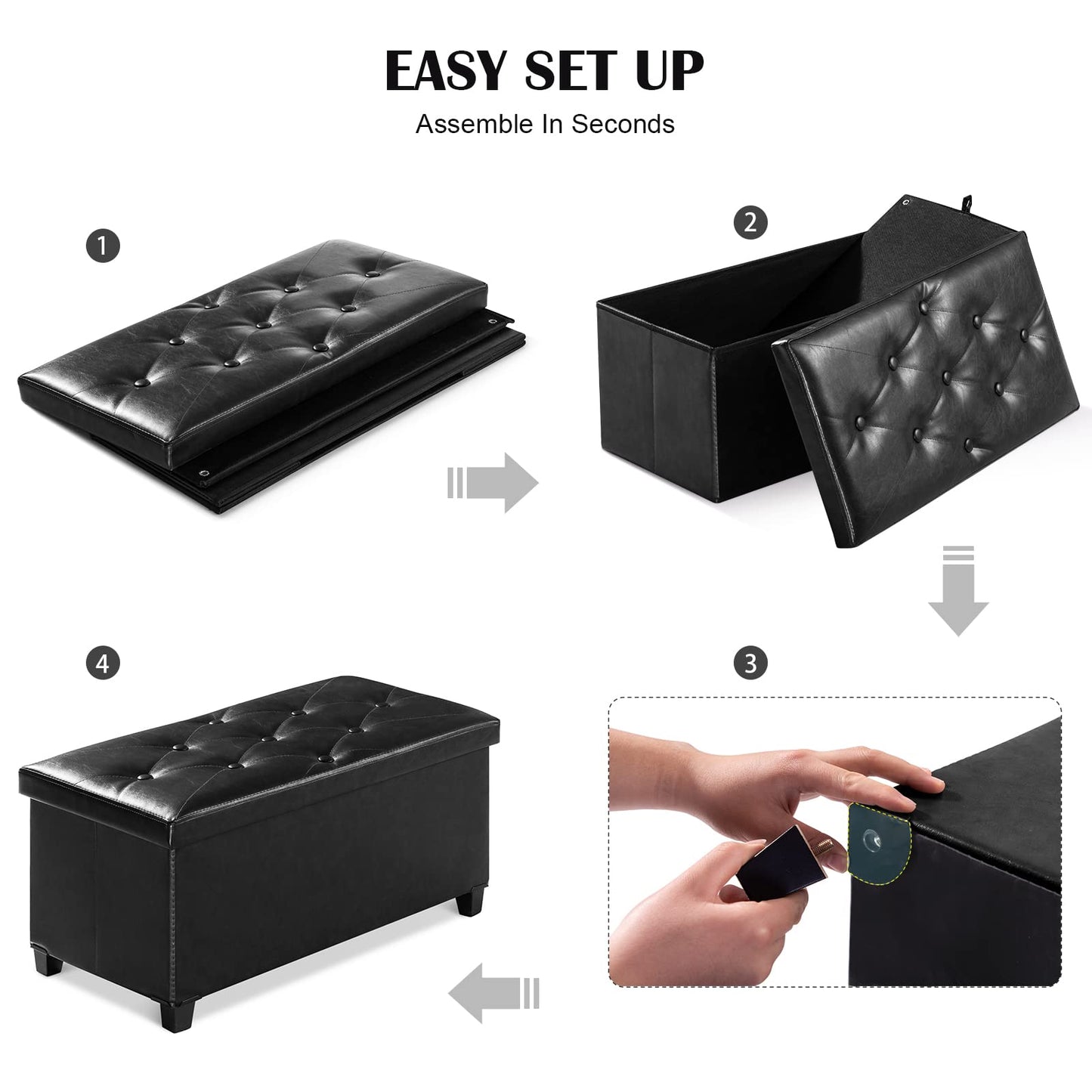 BRIAN & DANY Ottoman Storage Box with 4 Wood Legs, Faux Leather Storage Ottoman, Ottomans for Living Room, Black, 76 x 38 x 38 cm