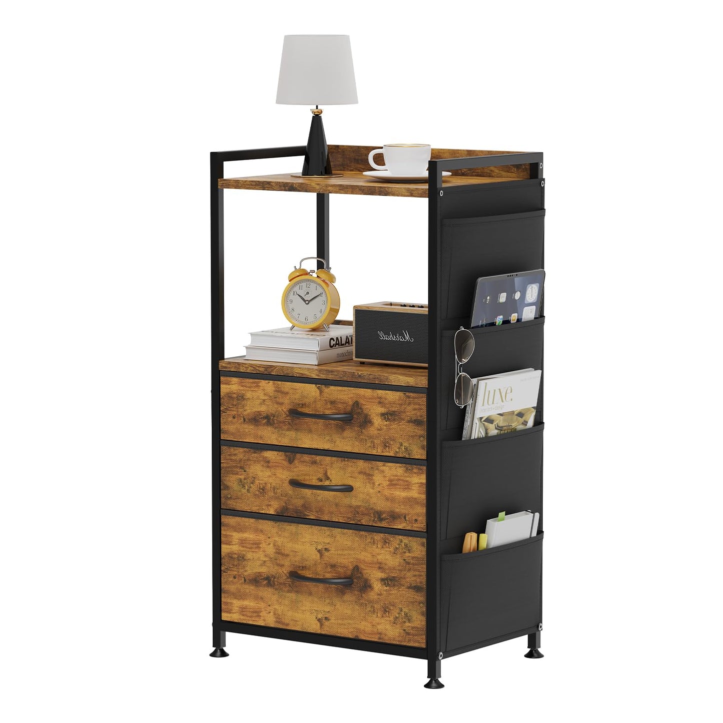 VASZOLA 3 Fabric Drawers Organizer Tower with Side Pocket and Wood Shelf, Sturdy Vertical File Chest Printer Stand with Storage, End Table Cabinet for