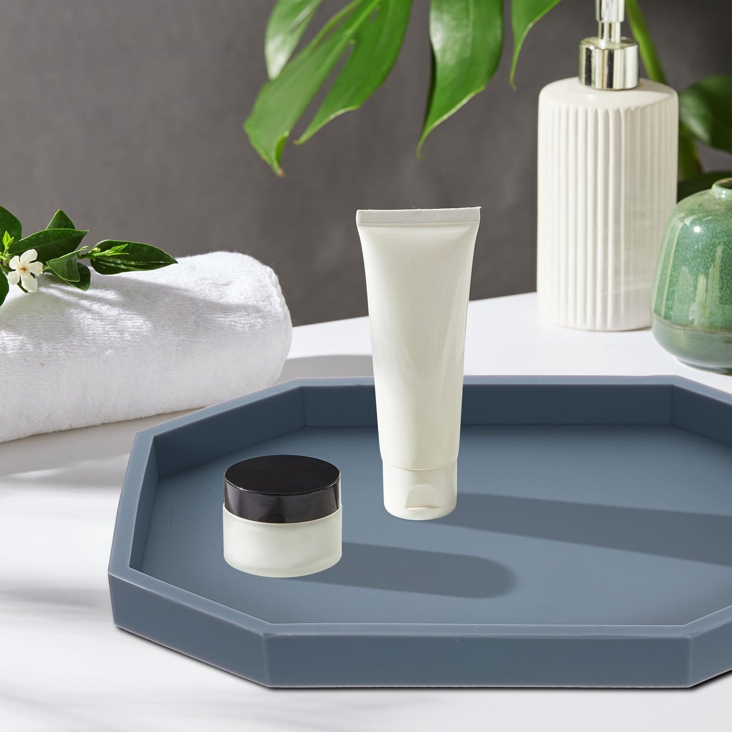 sourcing map Bathroom Vanity Tray, 7.9" x 6" Octagon Silicone Soap Dispenser Trays, Shatterproof Kitchen Sink Organizer for Soaps Keys Candle Trinket