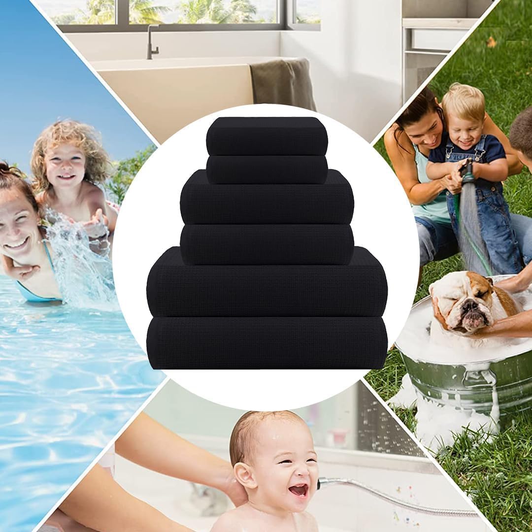 CASA COPENHAGEN Waffle 4-piece bath towel set – Black, 70x140 cm, Egyptian cotton, designed in Denmark, for bathroom, kitchen & shower