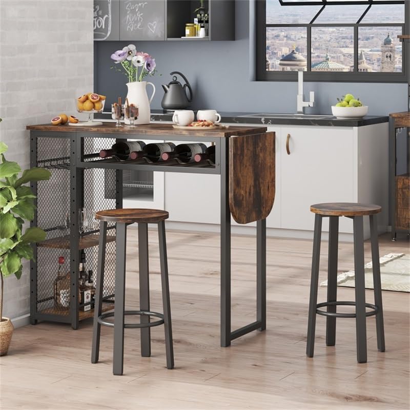 Bestier Bar Table and Chair Set, Expandable Dining Table with 2 Bar Stools, Industrial Kitchen Counter with Wine Rack & 3 Tier Adjustable Storage