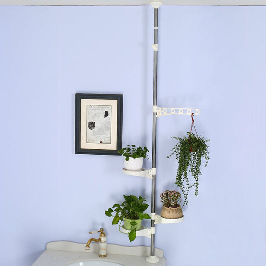 BAOYOUNI Indoor Plant Pole Stand Tension Rod Hanger Window Sill Flower Display Rack Holder Adjustable Corner Vertical Storage Organizer with 3 Trays &