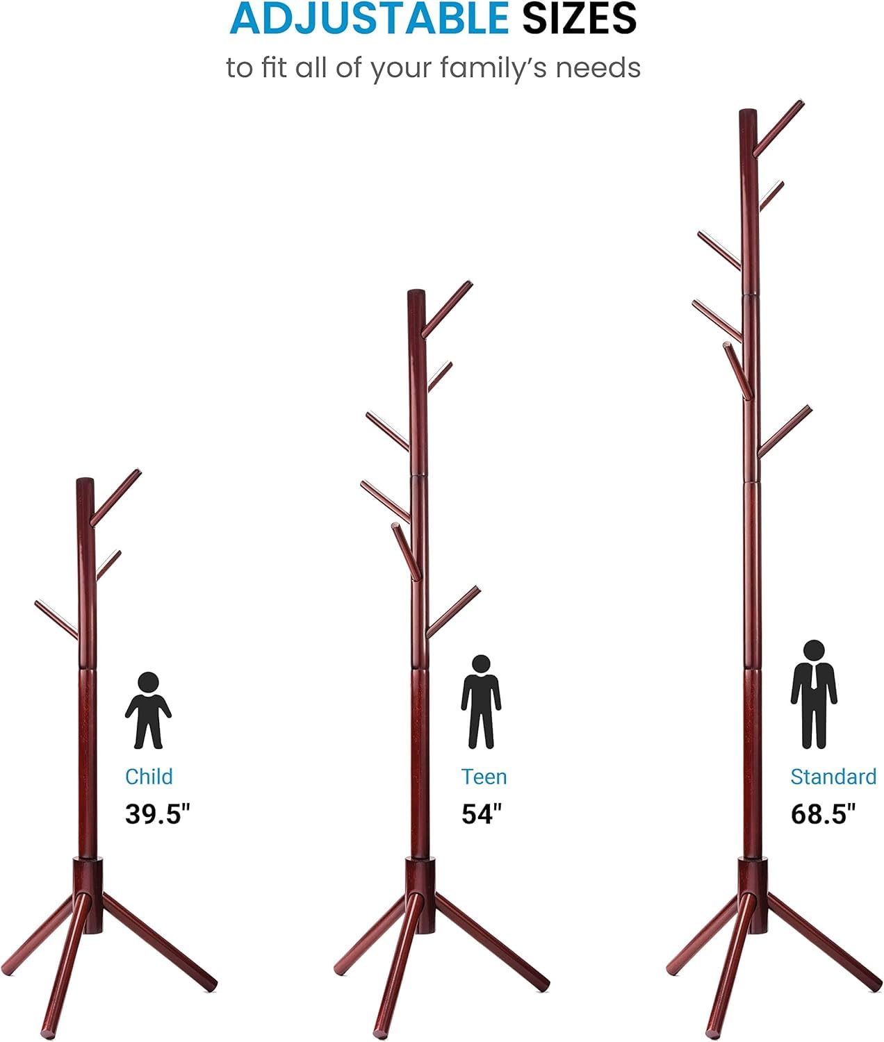 Ceciliec Coat Rack Free Standing - Wooden Coat Tree with 6 Hooks - Coats, Purses, Hats - Adjustable Sizes, Easy Assembly (Cherry)