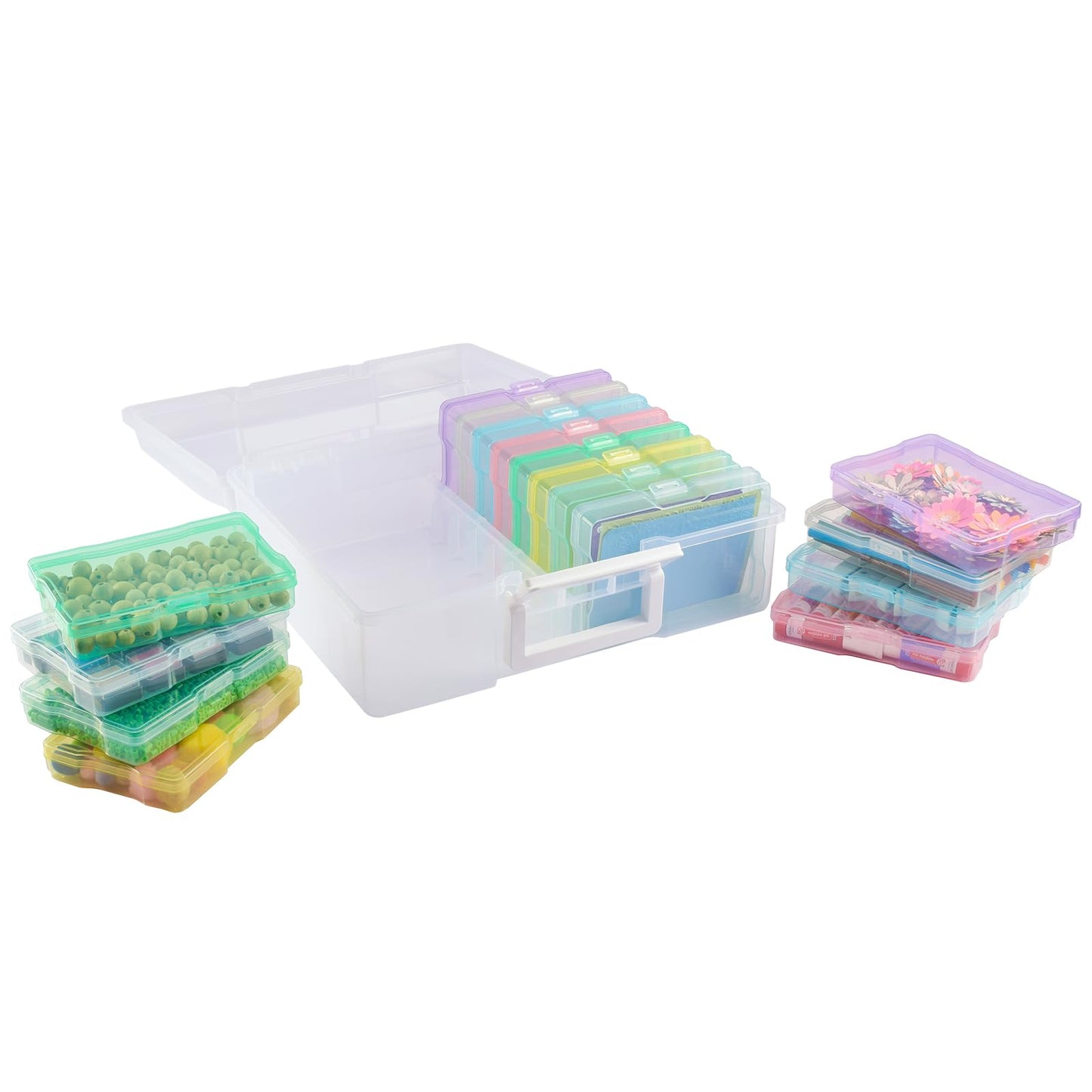 Vaessen Creative Plastic Storage Box with Lid 37,5 x 30 x 13 cm - 16 Cases of 17 x 12 x 3 cm in 8 Colours - Clear Organiser for Sewing, Diamond Art
