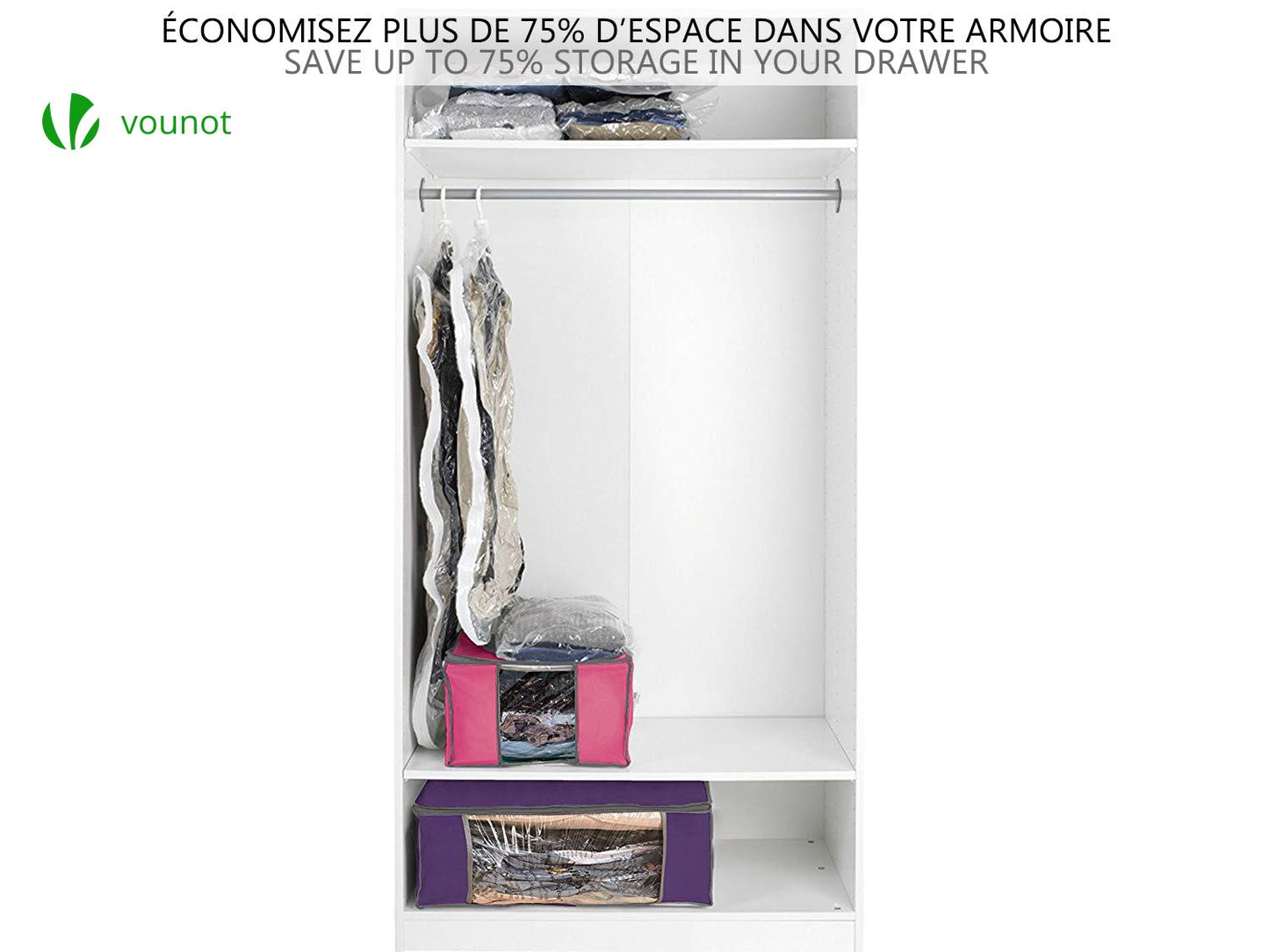 VOUNOT Set of 4 vacuum storage bag Large Capacity XXL | 4 Vacuum bags with 4 storage boxes | 2 small model 154L and 2 large models 484L