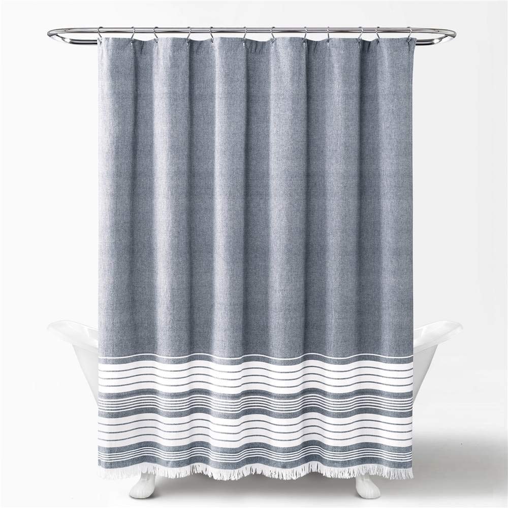 Lush Decor, Navy Nantucket Yarn Dyed Cotton Tassel Fringe Shower Curtain, 72" x 72", 72" x 72