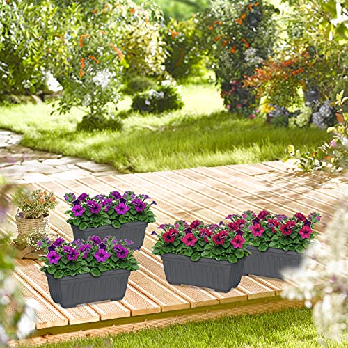 Relaxdays Set of 4 Planters, Indoor & Outdoor, Square Flower Pot, Narrow, HxWxD: 14 x 34 x 18.5 cm, Plastic, Anthracite