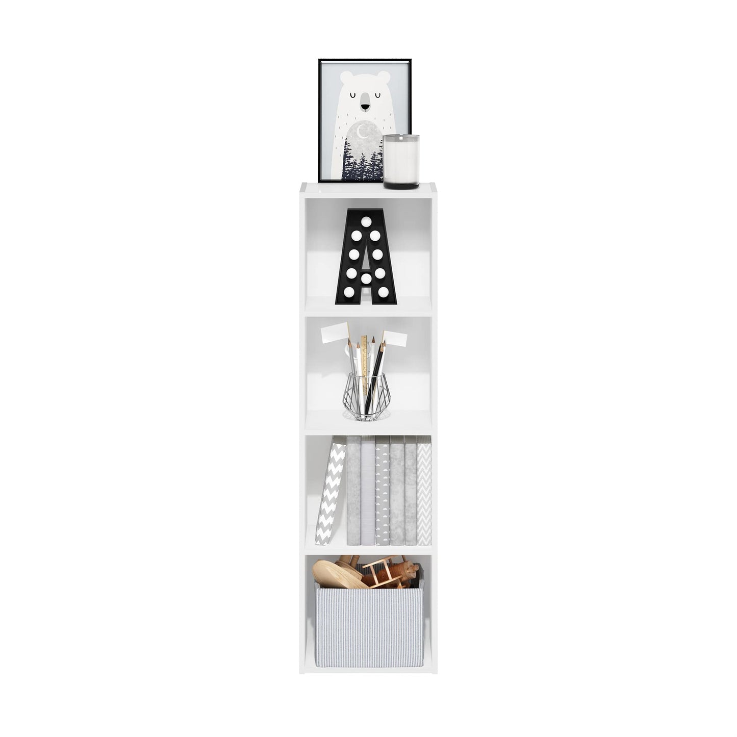 Furinno PASIR Book Shelf, 4-Tier Bookcase, Bookshelf, Open Storage Shelf, 22.9cm x 30.5cm x 106.7cm, for Home Office, Living Room, Plain White