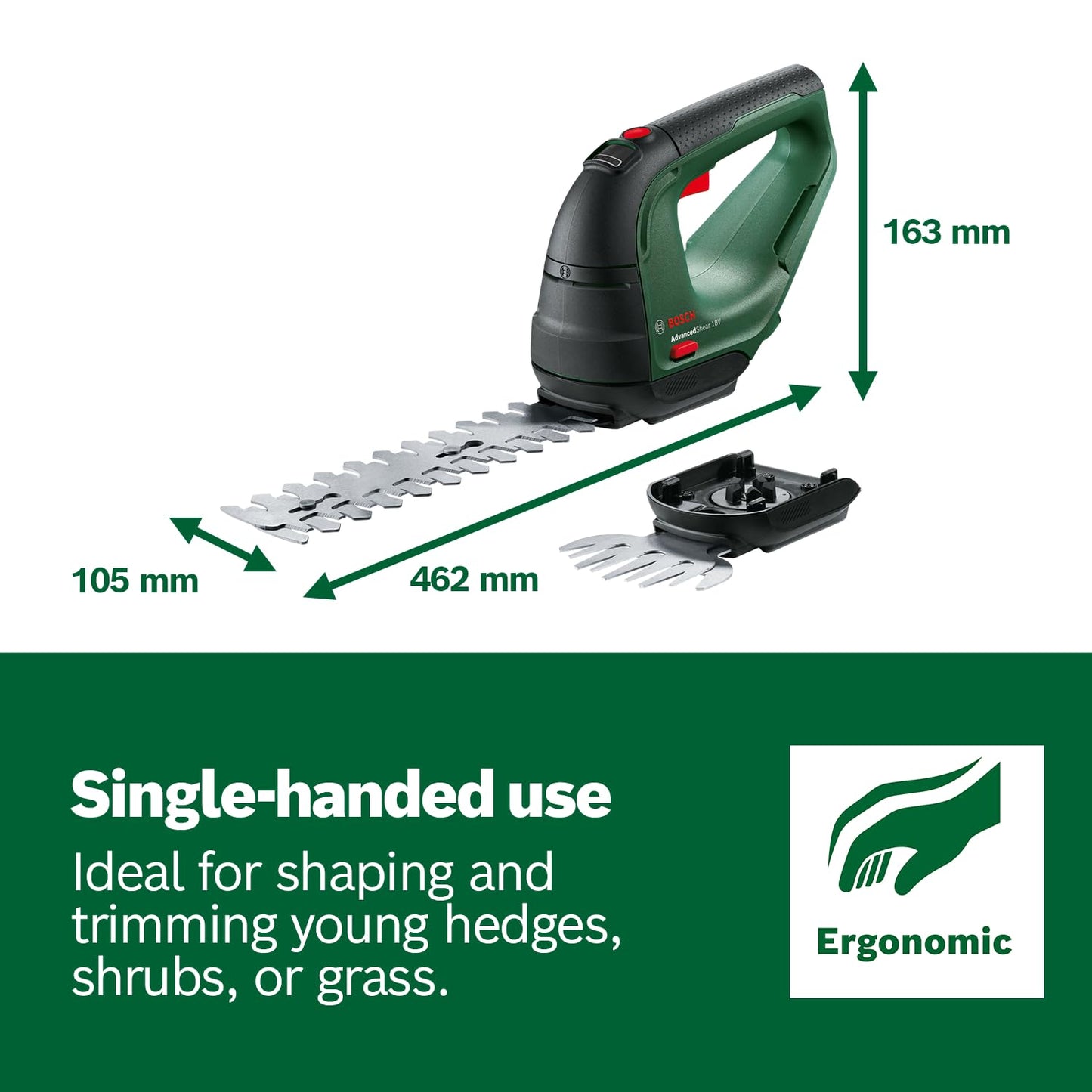 Bosch Cordless AdvancedShear 18V-10 (Without, 18 Volt System, cuts up to 85 m? per Battery Charge, with Shrub and Grass Shear Blades, in Carton