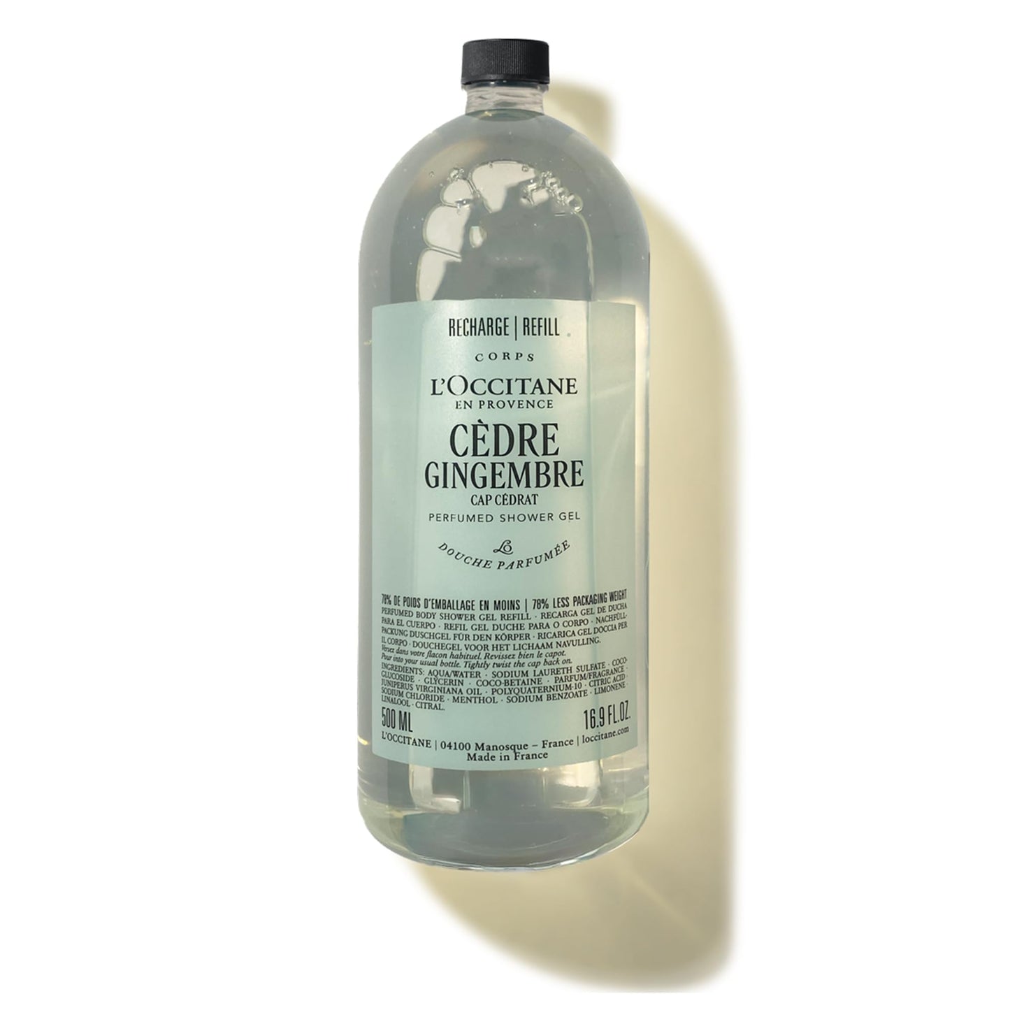 L'OCCITANE C?dre Gingembre (Formerly Cap Cedrat) Shower Gel Refill 500ml, Refreshing Cedarwood & Ginger Body Wash for Men, Premium & Clean Beauty for