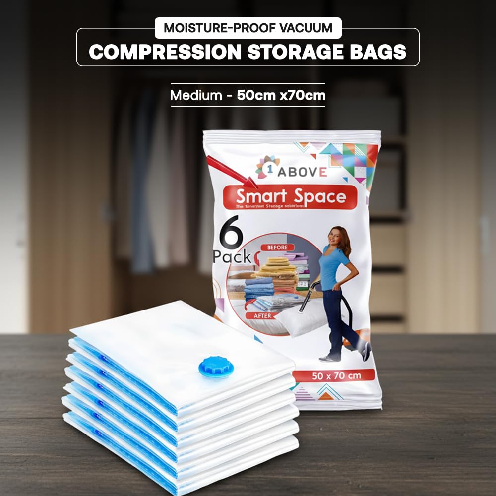 1ABOVE Pack of 6 Vacuum Compressed Storage Bags, Mould Moisture and Bug Proof, Double Zip High Sealing Triple Air Leak Patent Valve for Maximum