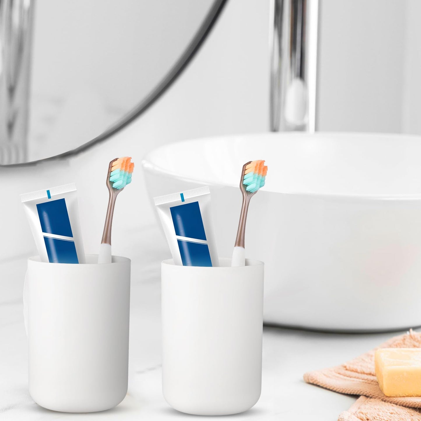 YUXIANLB 2Pcs Bathroom Tumbler, Plastic Toothbrush Tumbler 300ml, Mouthwash Cups, Unbreakable Dishwasher Safe Drink Cup (White)