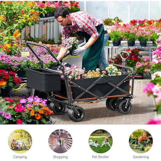 YITAHOME Beach Trolley with Handle Overhead Canopy Cart Push Pull, Folding Wagon with 2 Drink Holders, Large Capacity 220 lbs, Camping Trolley Oversized Wheels for Outdoor Garden Picnics (Black)