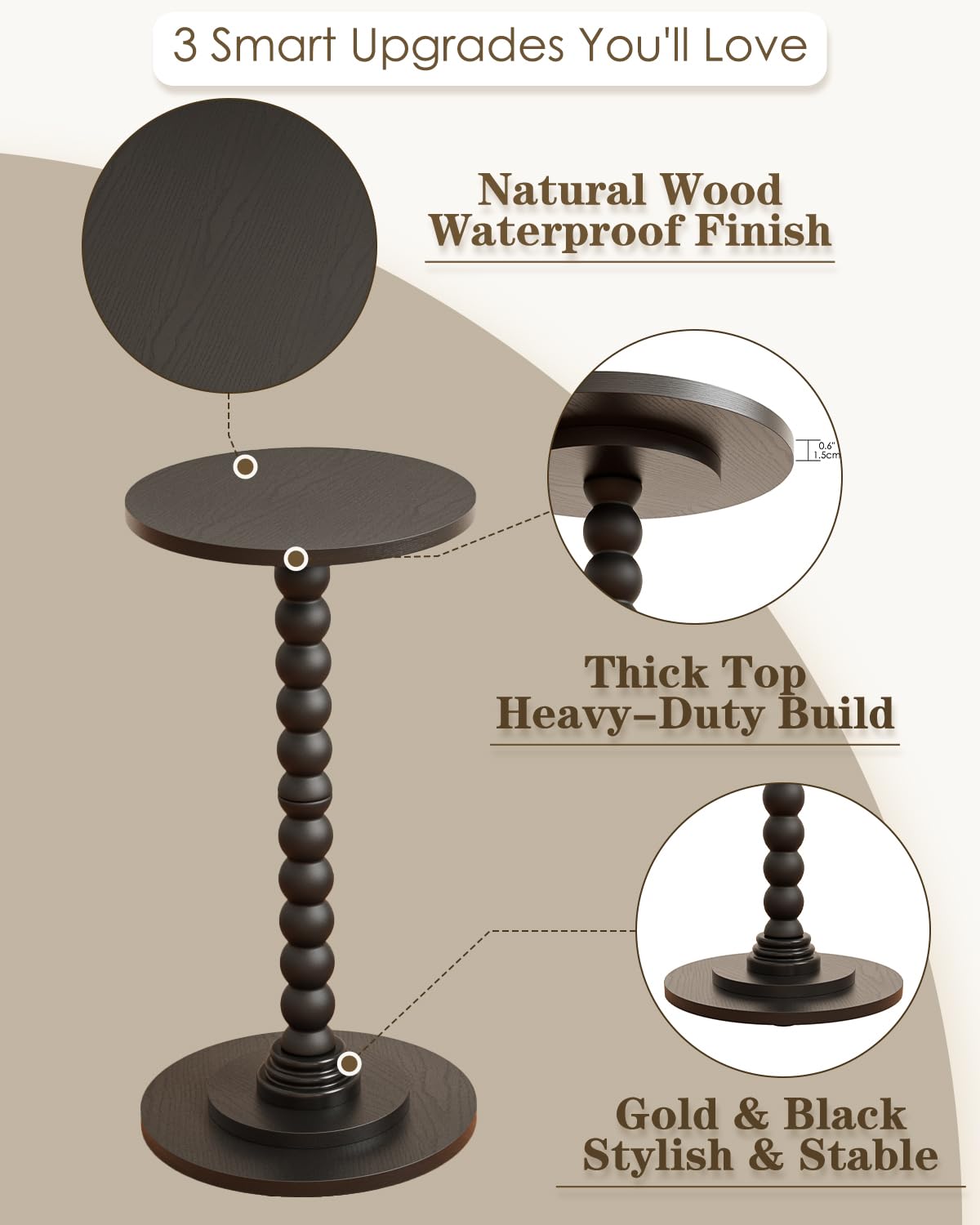 Apetaccat Round Side Table, Drink End Table with Solid Wood Leg, Small Side Tables for Living Room, Bedroom, Study, Black