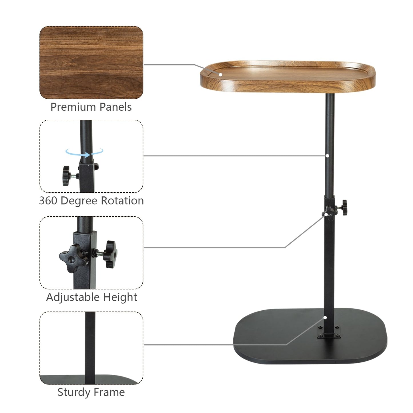 XUDREZ Adjustable C Shaped Side Table, 360°Swivel C Shaped End Table, Couch Side Tables That Slide Under