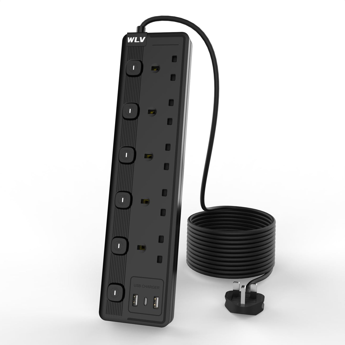 WLV 3M 5 Gang Extension Lead with 3 USB Slots, Black Extension Lead with Individually Switch, Wall Mounted Power Strip for Dorm, Kitchen, Living Room,