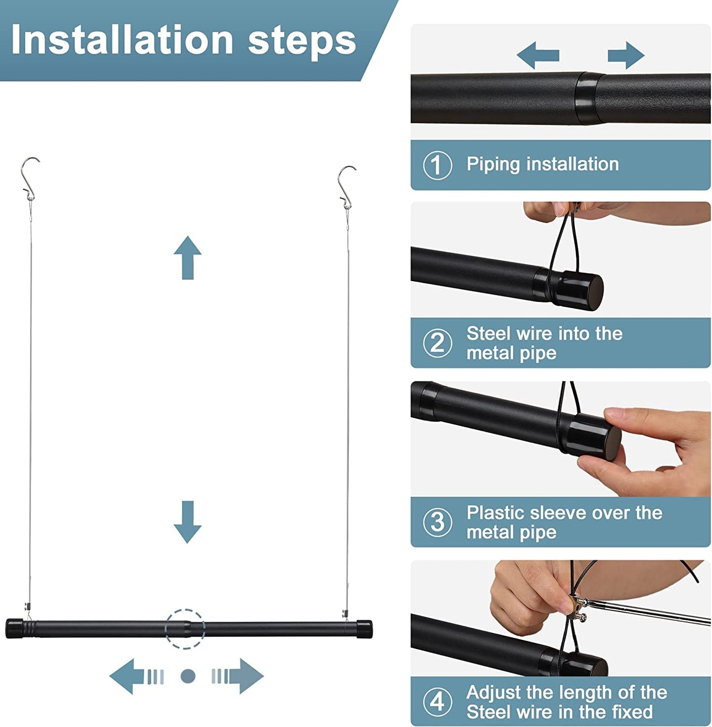 Wardrobe Rail, rod, Extendable Stainless Steel Hanging Clamping, 38-101 cm, Adjustable Tension for Wardrobe, Silver