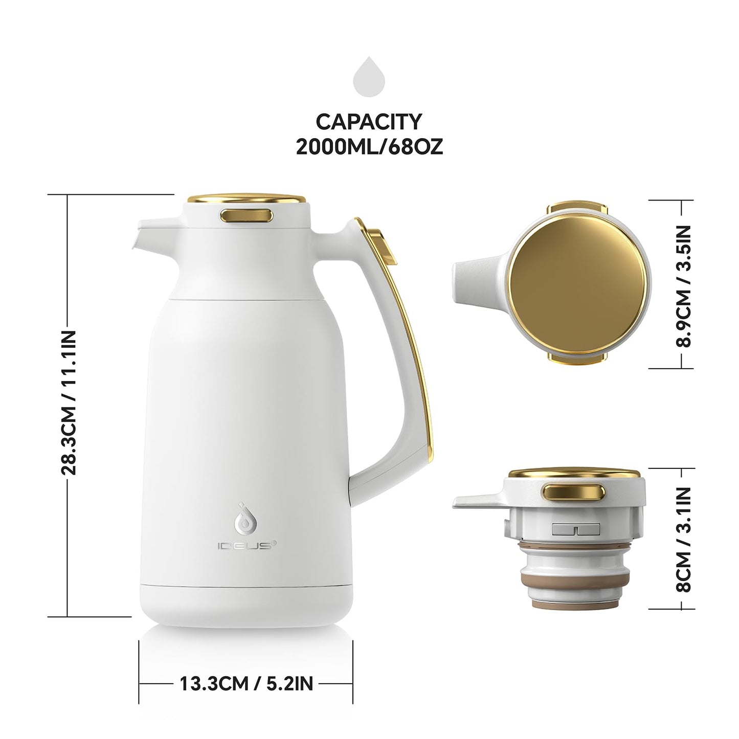 IDEUS Vacuum Insulated Coffee Carafe, 68 oz (2 Liters) Stainless Steel Milk Jug Thermal Tea Pot Hot & Cold Water Beverage Dispenser (White)