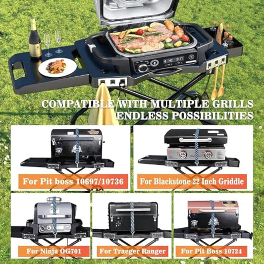 Denmay Portable Barbecue Trolley for Ninja Woodfire OG700 Series, Foldable Outdoor Grill Stand for Ninja OG701, Pit Boss 10697/10724, 57 cm Blackstone, Traeger Ranger, with Table Shelf and Basket