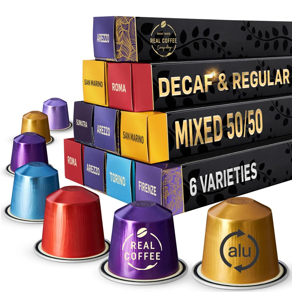 Mix Pack: 6 Unique Coffees | Decaf & Caffeinated Included | 100 Aluminium pods | Capsules Compatible with Nespresso | 50 decaf and 50 caffinated |