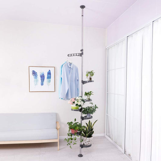 BAOYOUNI 7-Tier Indoor Plant Pole Spring Tension Rod Expandable Flower Pots Display Rack Stand Hanger Metal Corner Storage Shelf, Grey